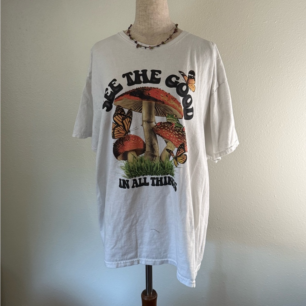 White Graphic T-Shirt with Mushroom and Butterfly Design